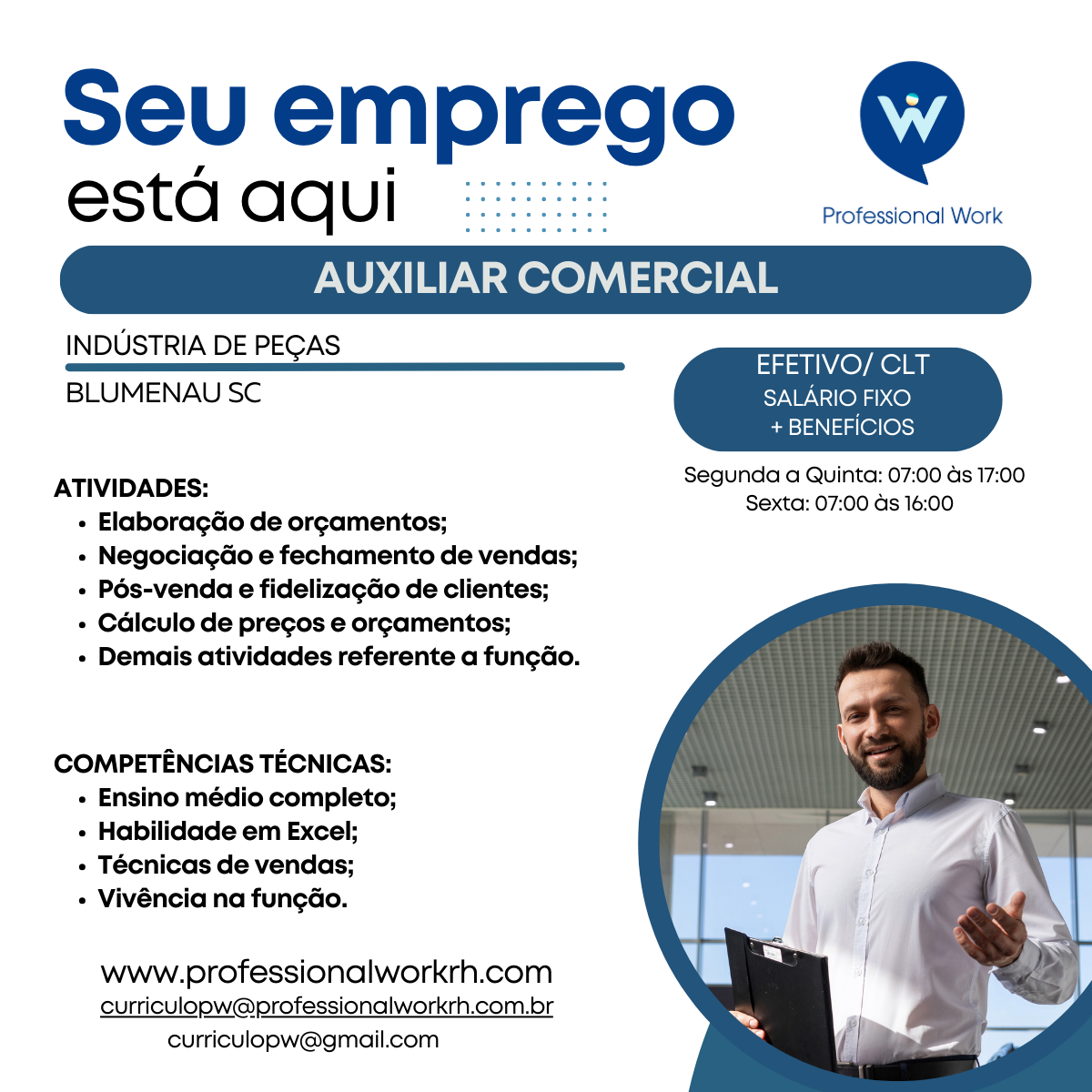 Logo da empresa Professional Work, vaga Auxiliar Comercial (Itoupava Central) Blumenau